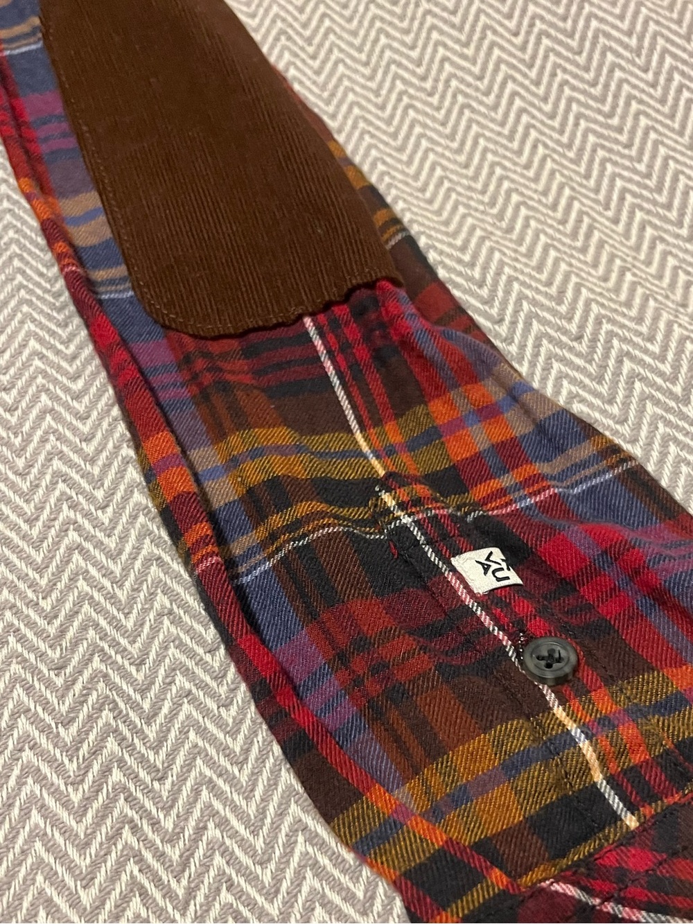 Kavu Vibrant Plaid Button-Front Flannel Shirt Dress with Corduroy Elbow Patches. - Picture 6 of 8